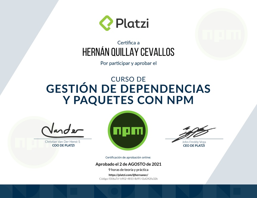 Diploma del Curso de Gestión de Dependencias y Paquetes con NPM