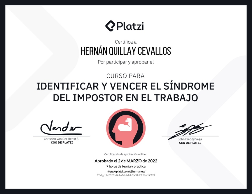 Diploma del Curso para Identificar y Vencer el Síndrome del Impostor