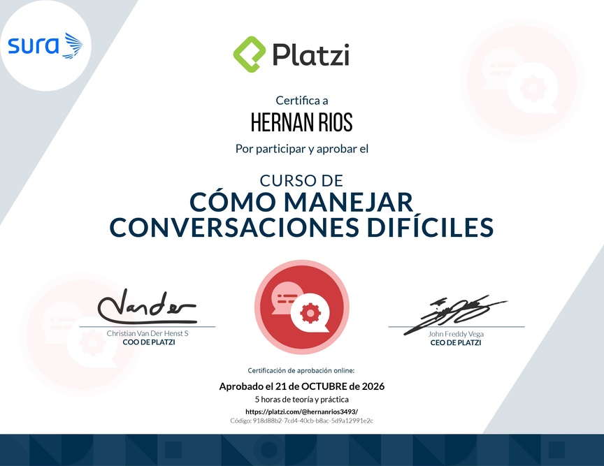 Diploma del Curso de Cómo Manejar Conversaciones Difíciles con Clientes