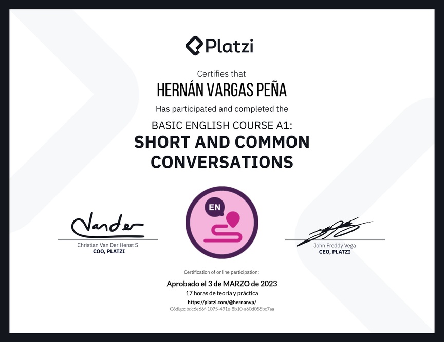 Diploma del Curso de Inglés Básico A1: Conversaciones Cortas y Habituales (2020)