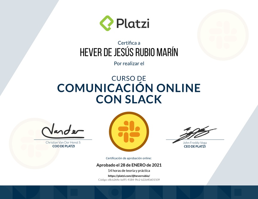 Diploma del Curso de Slack para Mejorar tu Comunicación Online