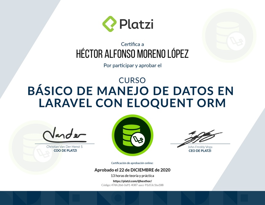 Diploma del Curso Básico de Manejo de Datos en Laravel con Eloquent ORM