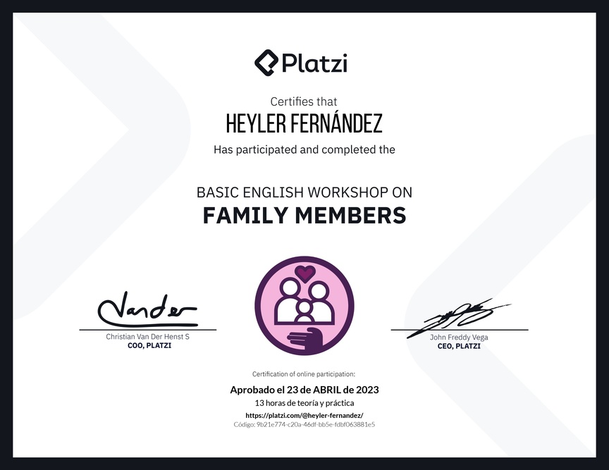 Diploma del Curso de Inglés Práctico sobre los Miembros de la Familia