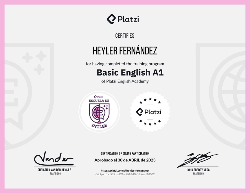 Diploma de la Ruta de Aprendizaje de Inglés Básico A1