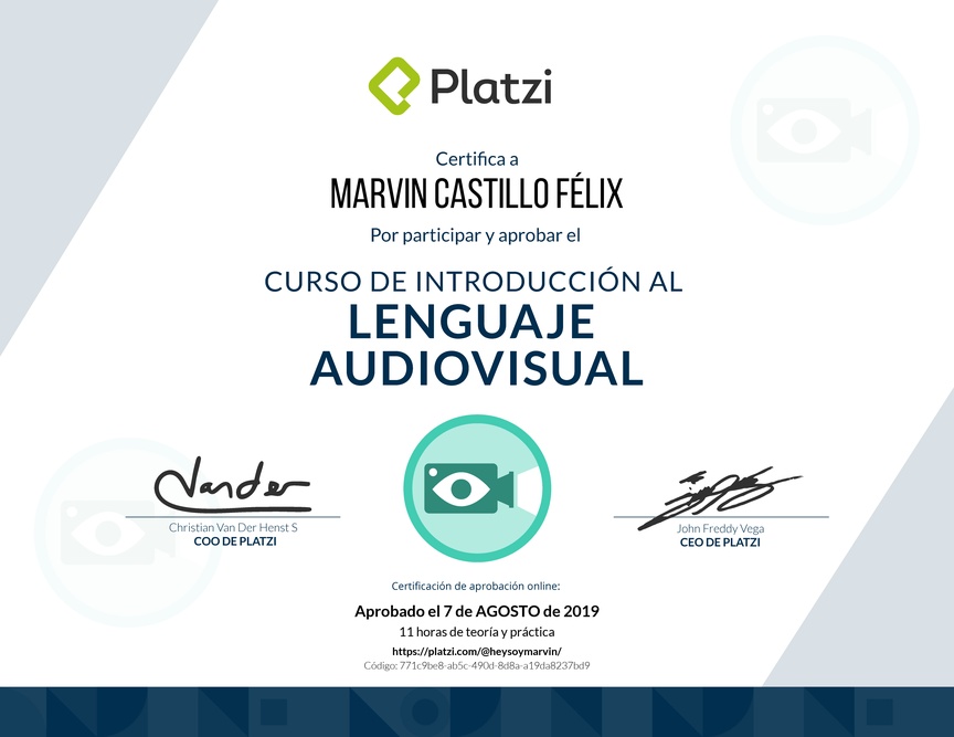 Diploma del Curso de Introducción al Lenguaje Audiovisual 2018