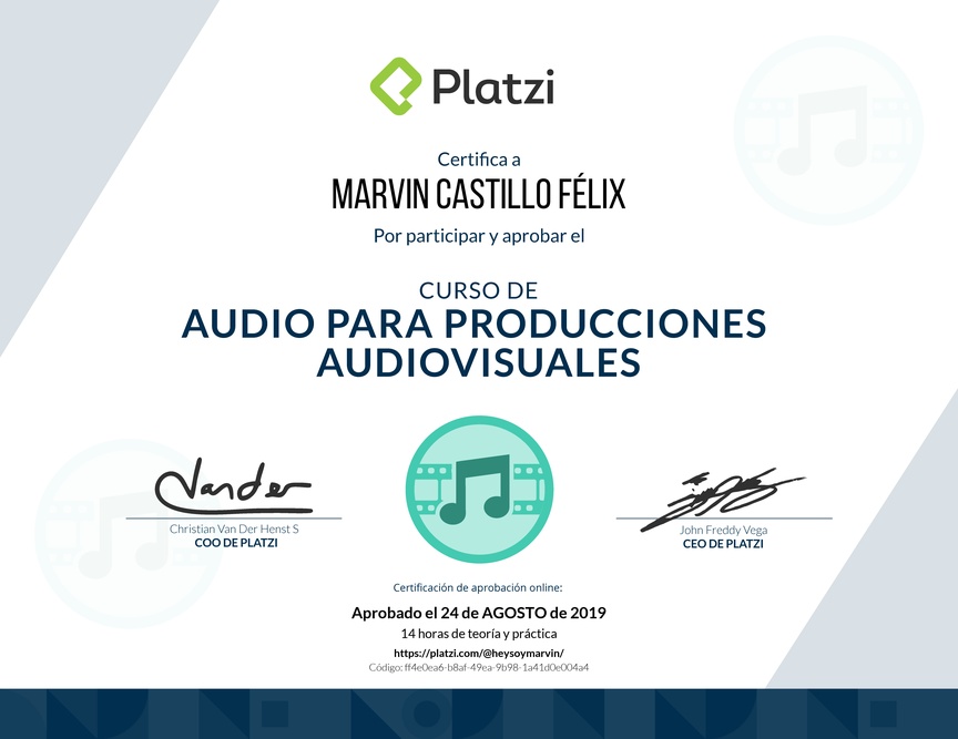 Diploma del Curso de Audio para Producciones Audiovisuales