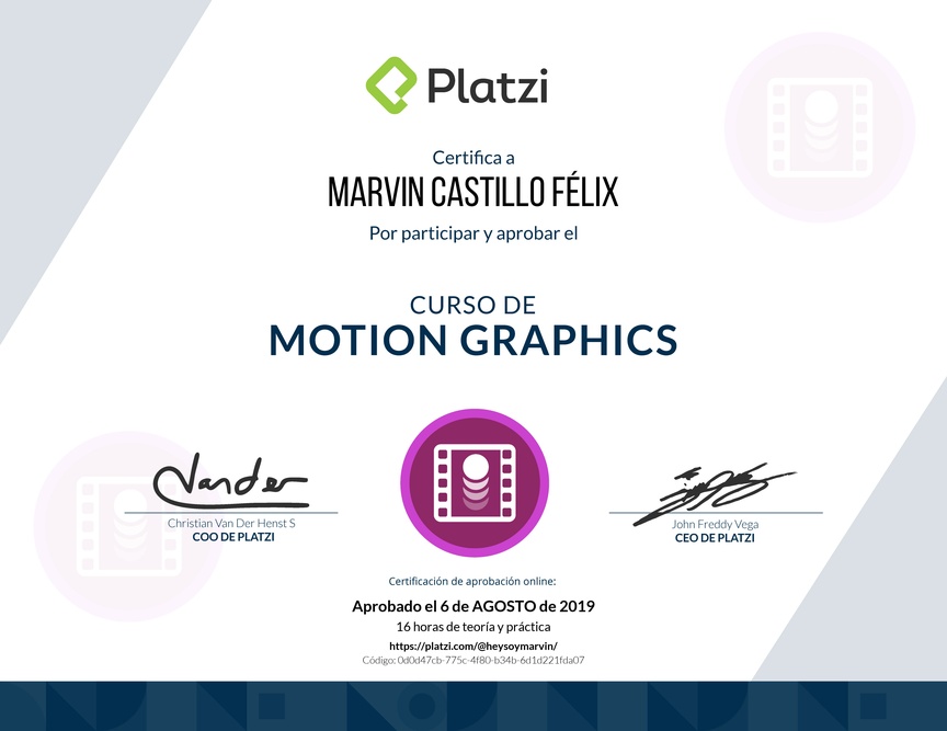 Diploma del Curso de Motion Graphics con After Effects 2018