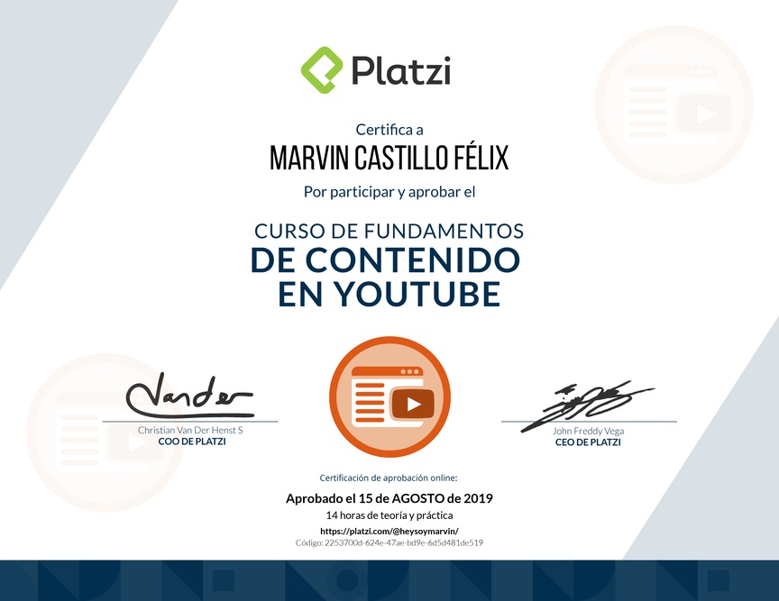 Diploma del Curso de Fundamentos de Contenido de YouTube
