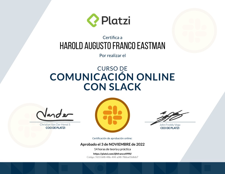 Diploma del Curso de Slack para Mejorar tu Comunicación Online