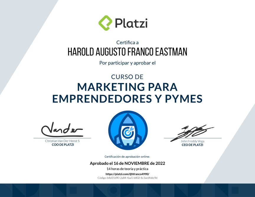 Diploma del Curso de Marketing para Emprendedores y PyMes