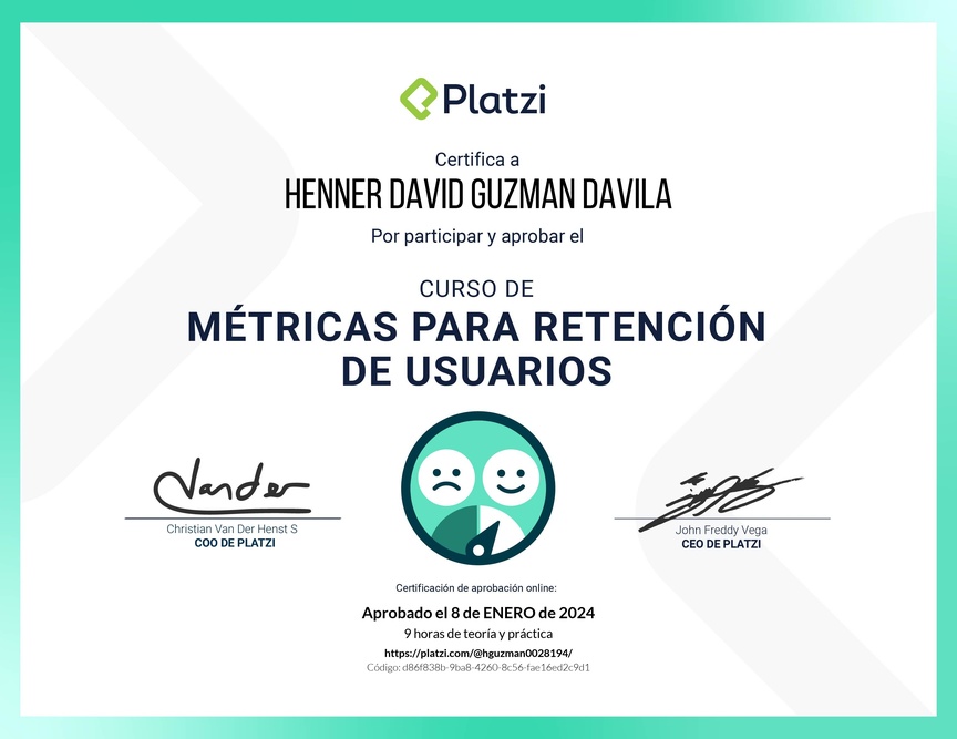 Diploma del Curso de Fundamentos de Métricas para Retención de Usuarios