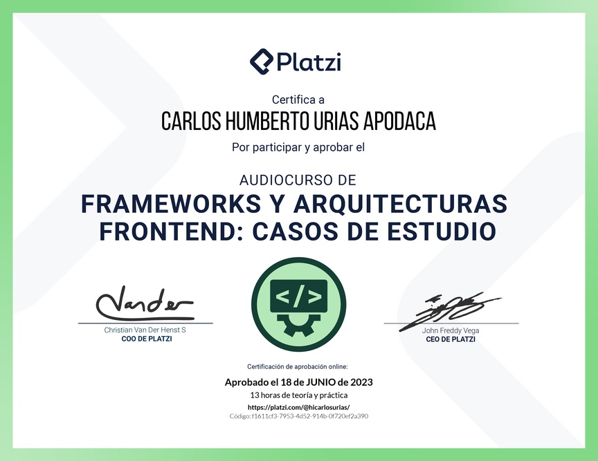 Diploma de Audiocurso de Frameworks y Arquitecturas Frontend: Casos de Estudio