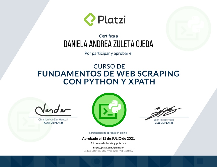 Diploma del Curso de Fundamentos de Web Scraping con Python y Xpath