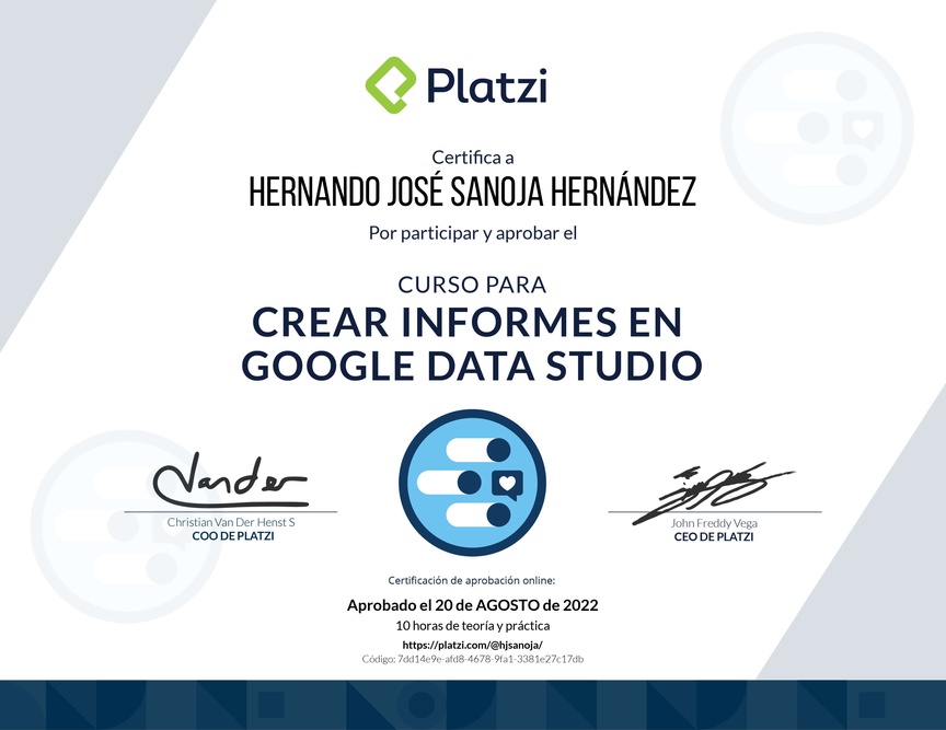 Diploma del Curso para Crear Informes de Redes Sociales con Google Data Studio