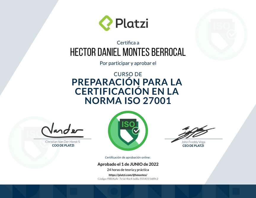 Diploma del Curso de Preparación para la Certificación en la Norma ISO 27001 (2020)