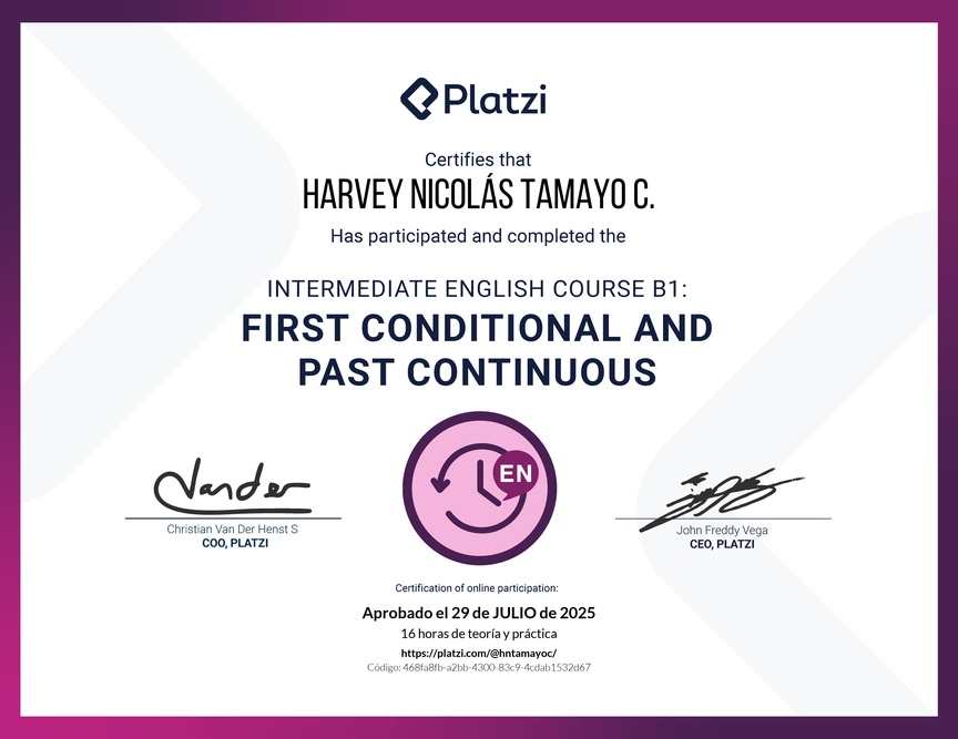 Diploma del Curso de Inglés Intermedio B1: Primer Condicional y Pasado Continuo