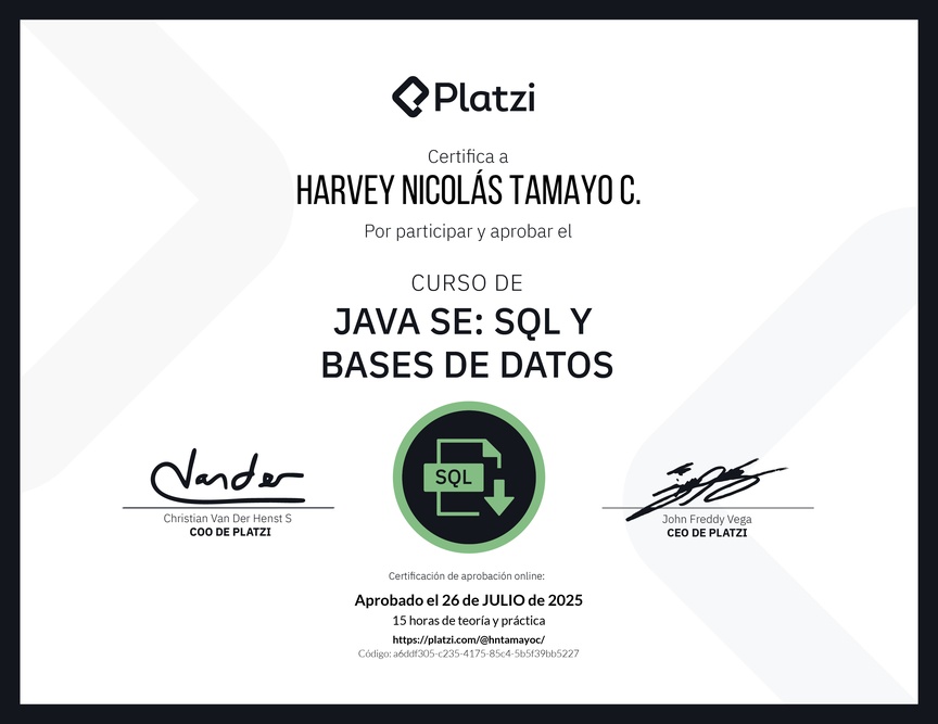 Diploma del Curso de Java SE: SQL y Bases de Datos