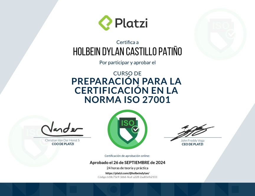 Diploma del Curso de Preparación para la Certificación en la Norma ISO 27001 (2020)