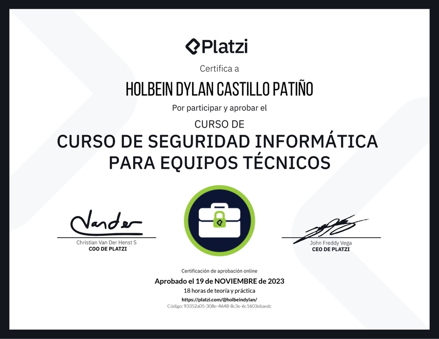 Diploma del Curso de Seguridad Informática para Equipos Técnicos