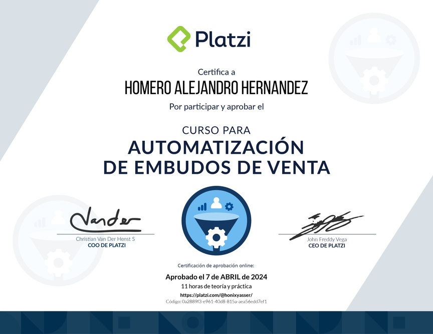 Diploma del Curso de Automatización de Embudos de Venta (2022)