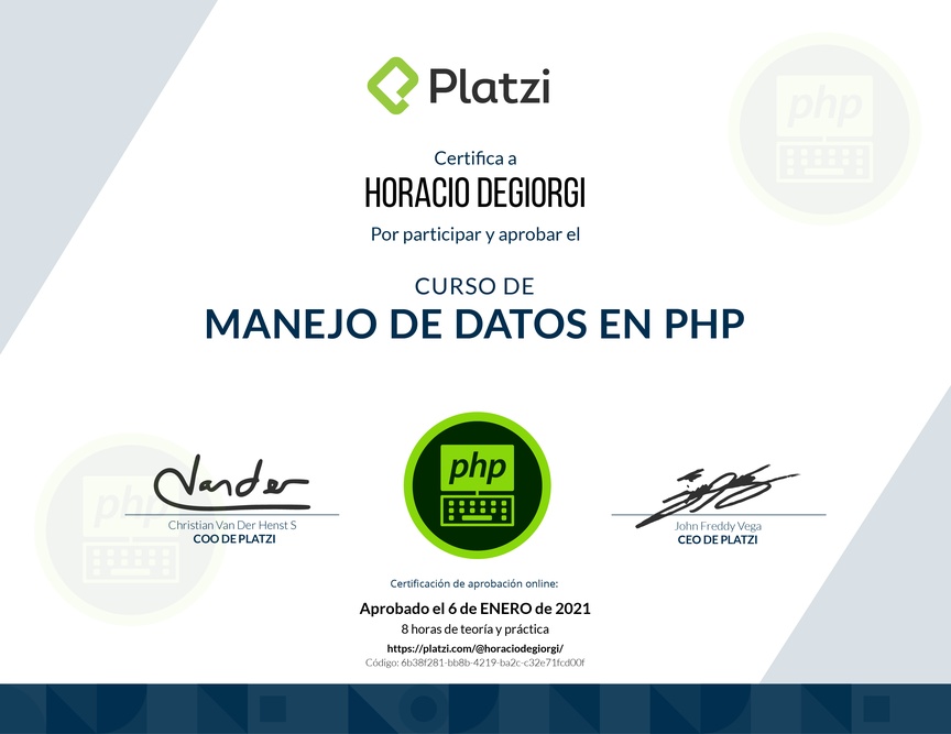 Diploma del Curso de Manejo de Datos en PHP
