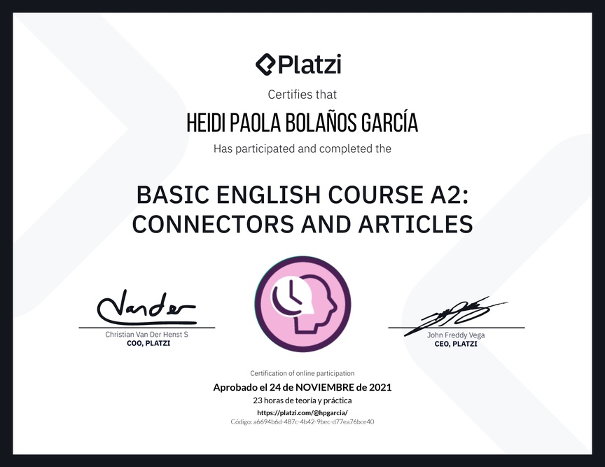 Diploma del Curso de Inglés Básico A2: Conectores y Artículos