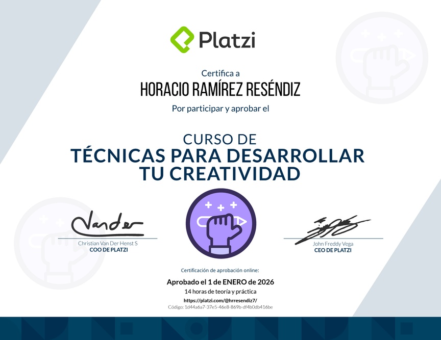 Diploma del Curso para Desarrollar tu Creatividad: Técnicas y Hábitos