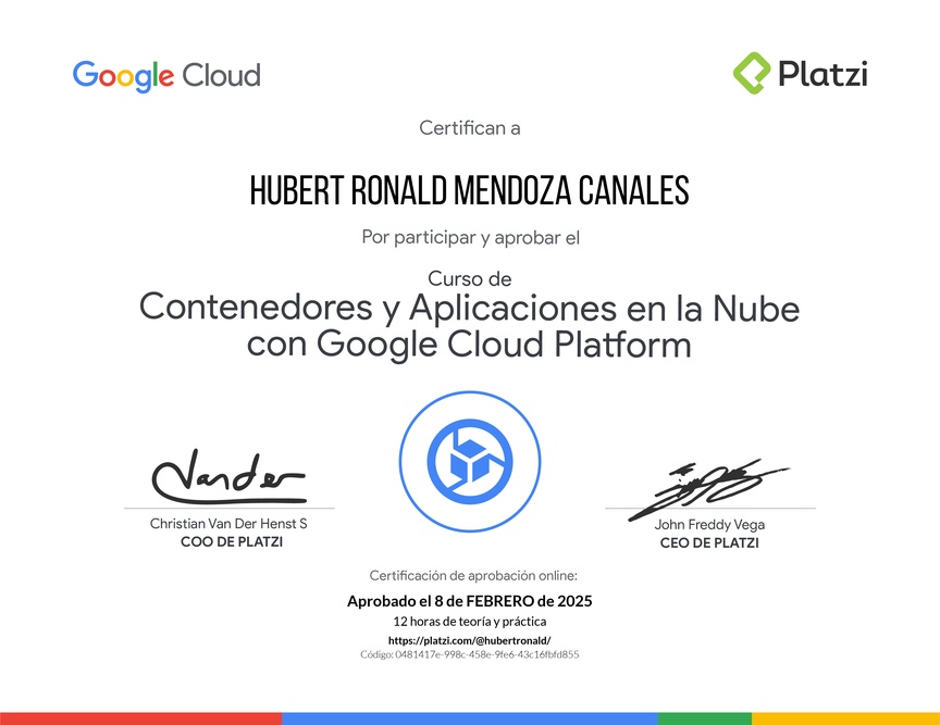 Diploma del Curso de Contenedores y Aplicaciones en la Nube con Google Cloud Platform