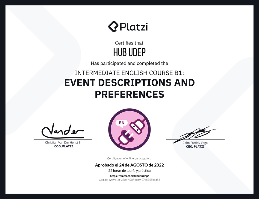 Diploma del Curso de Inglés Intermedio B1: Descripción de Eventos y Preferencias