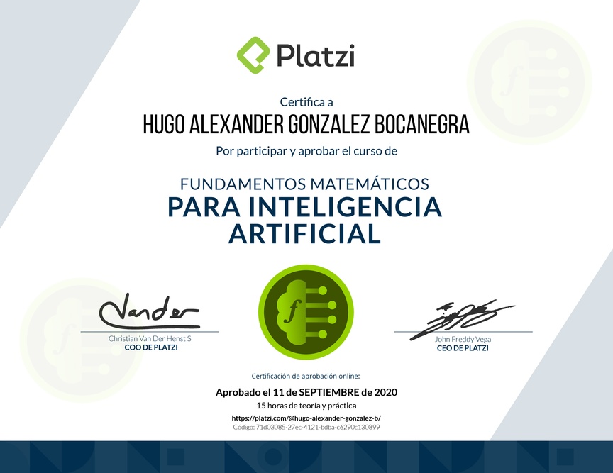 Diploma del Curso de Fundamentos Matemáticos para Inteligencia Artificial 2019