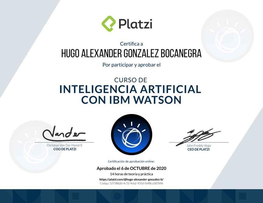 Diploma del Curso de Inteligencia Artificial con IBM Watson