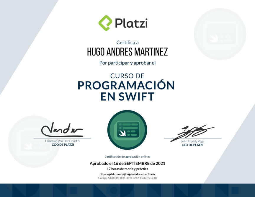 Diploma del Curso de Programación en Swift (2019)
