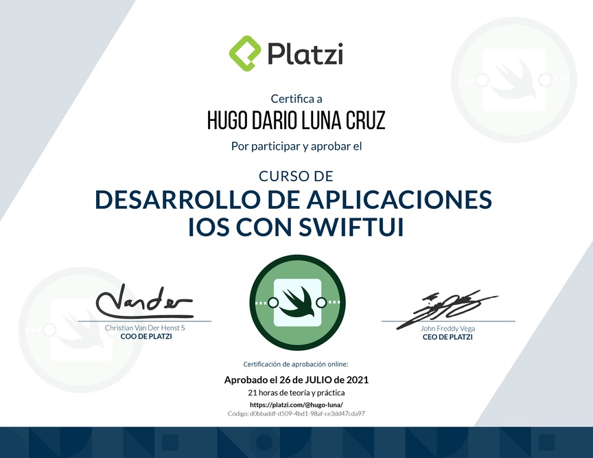 Diploma del Curso de Desarrollo de Aplicaciones iOS con SwiftUI