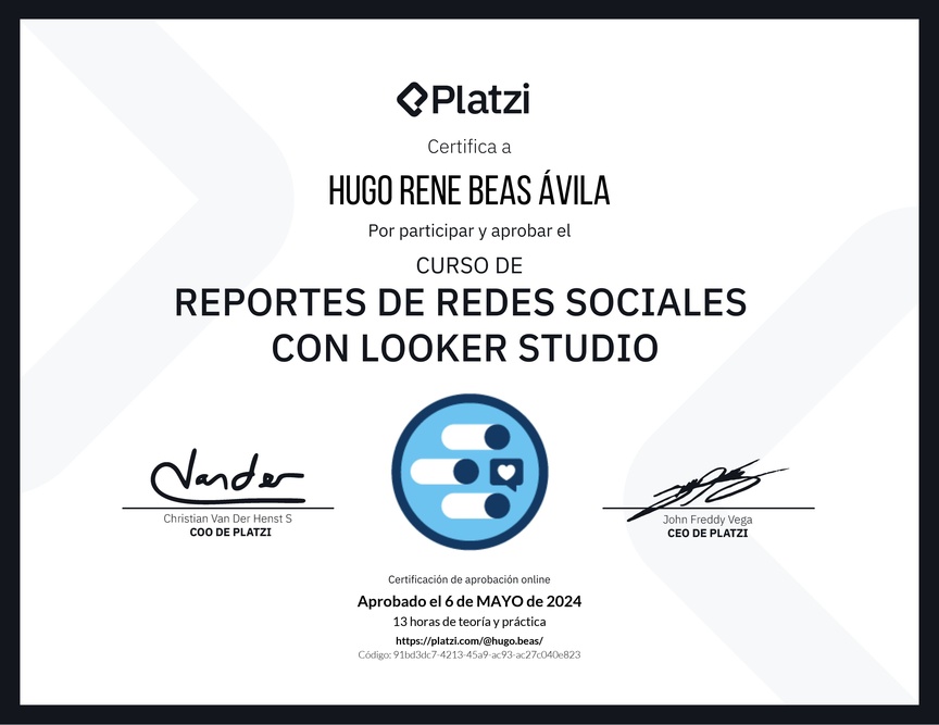 Diploma del Curso de Generación de Reportes de Redes Sociales con Looker Studio