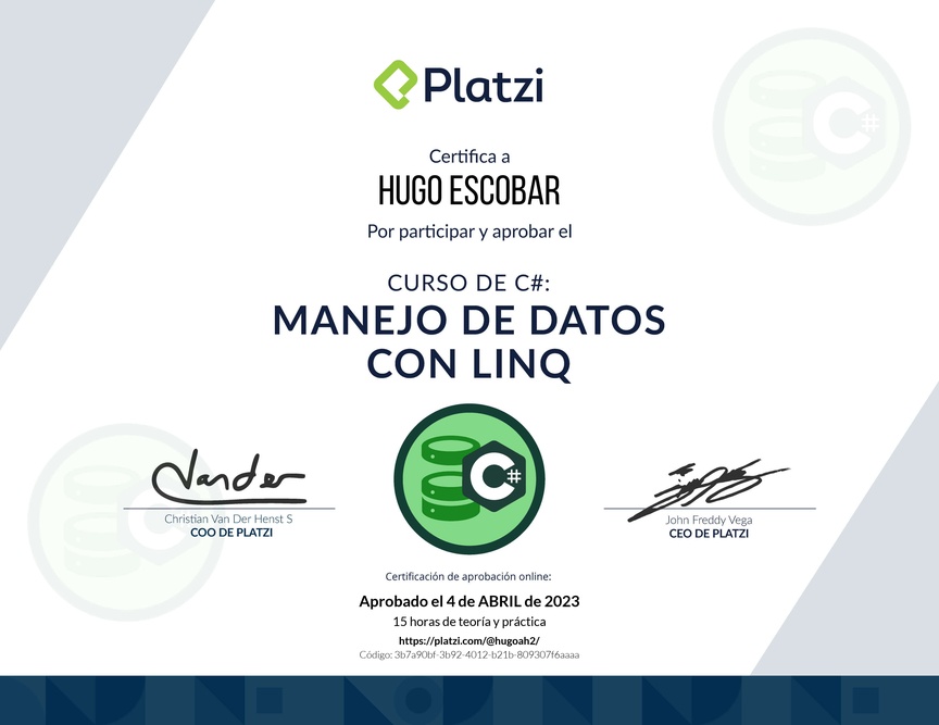 Diploma del Curso de Manejo de Datos en C# con LINQ