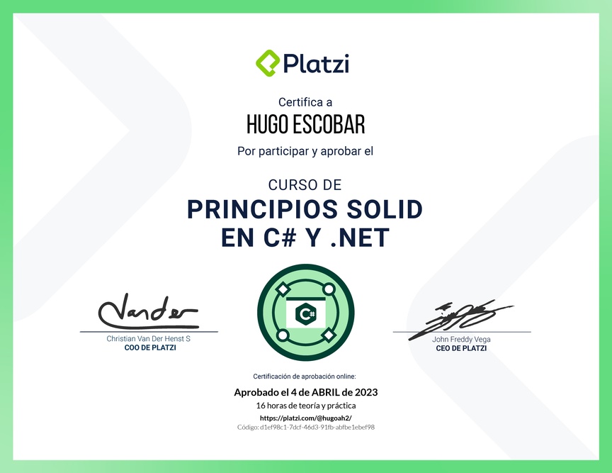 Diploma del Curso de Principios SOLID en C# y .NET