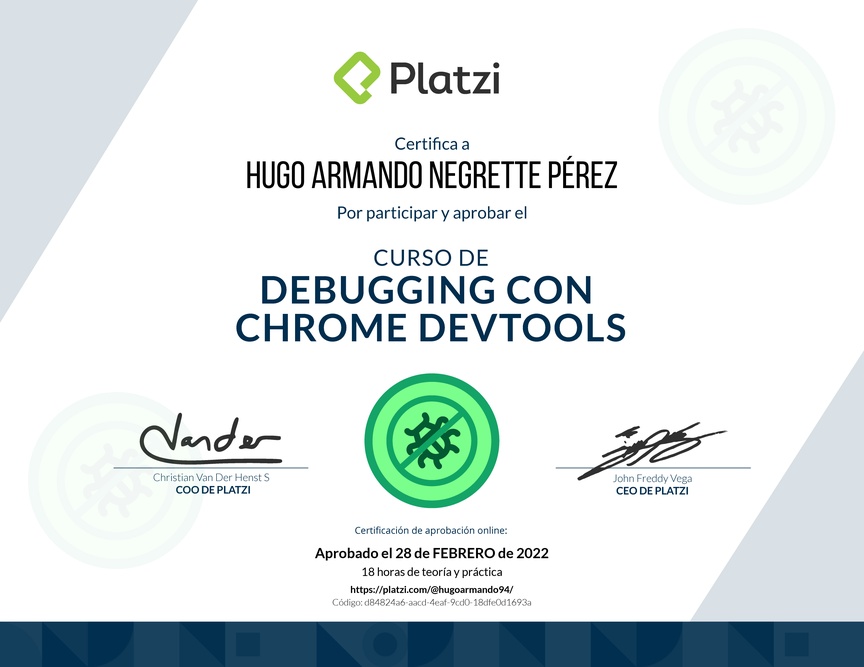 Diploma del Curso de Debugging con Chrome DevTools