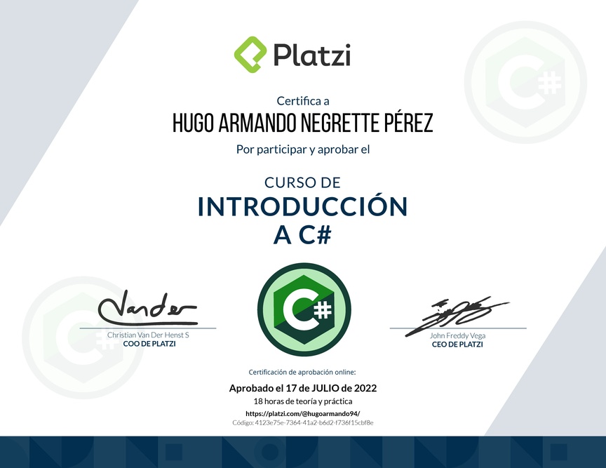 Diploma del Curso de Introducción a C# con .NET 3.1