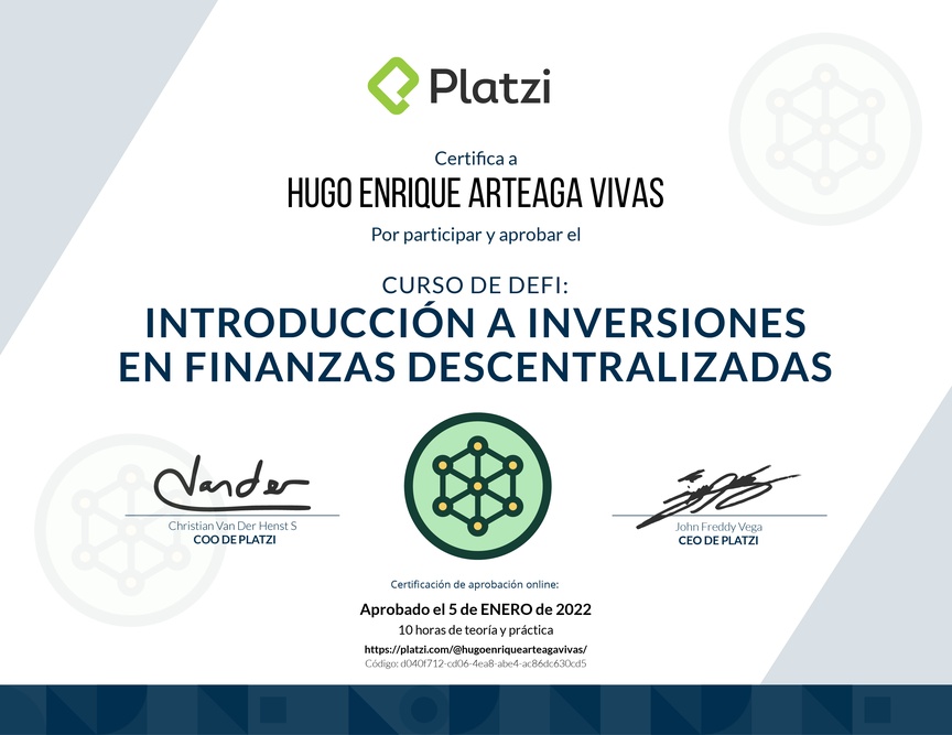 Diploma del Curso de DeFi: Introducción a Inversiones en Finanzas Descentralizadas