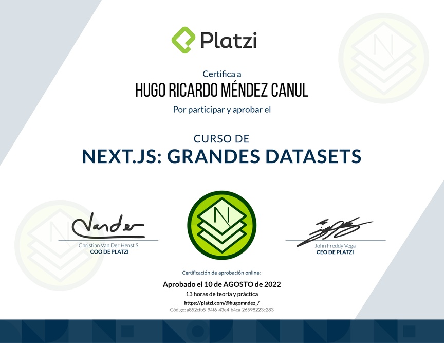 Diploma del Curso de Next.js: Optimización y Manejo de Grandes Datasets