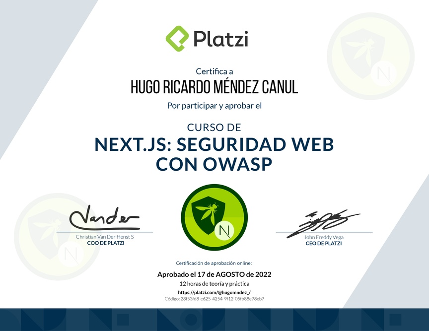 Diploma del Curso de Next.js: Seguridad Web con OWASP