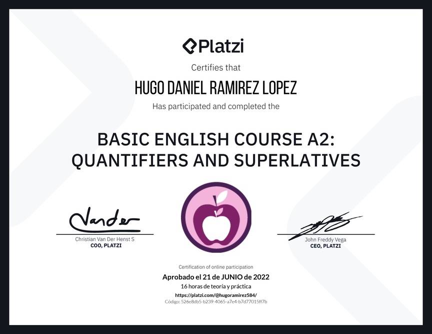 Diploma del Curso de Inglés Básico A2: Cuantificadores y Superlativos