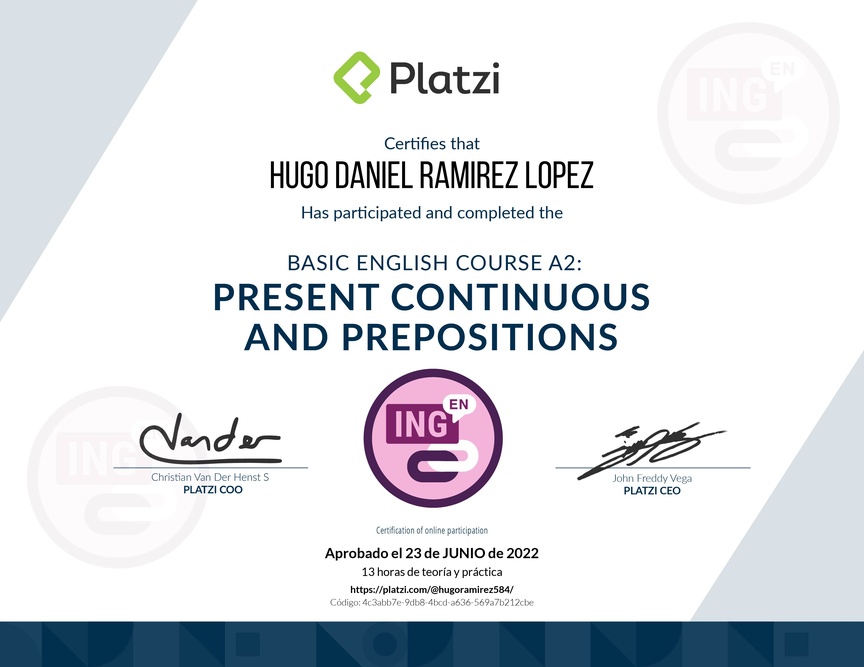Diploma del Curso de Inglés Básico A2: Preposiciones y Presente Continuo (2021)