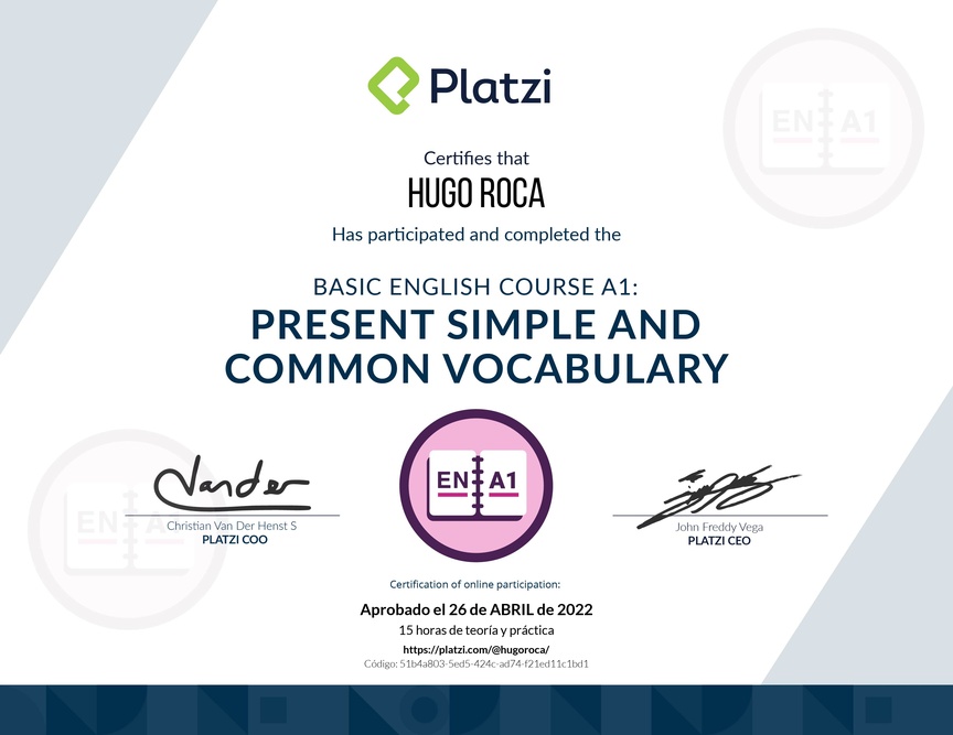 Diploma del Curso de Inglés Básico A1: Presente Simple y Vocabulario Común (2021)
