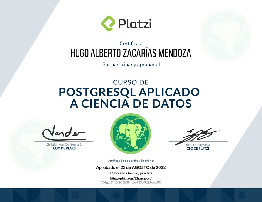 Diploma del Curso de PostgreSQL Aplicado a Ciencia de Datos