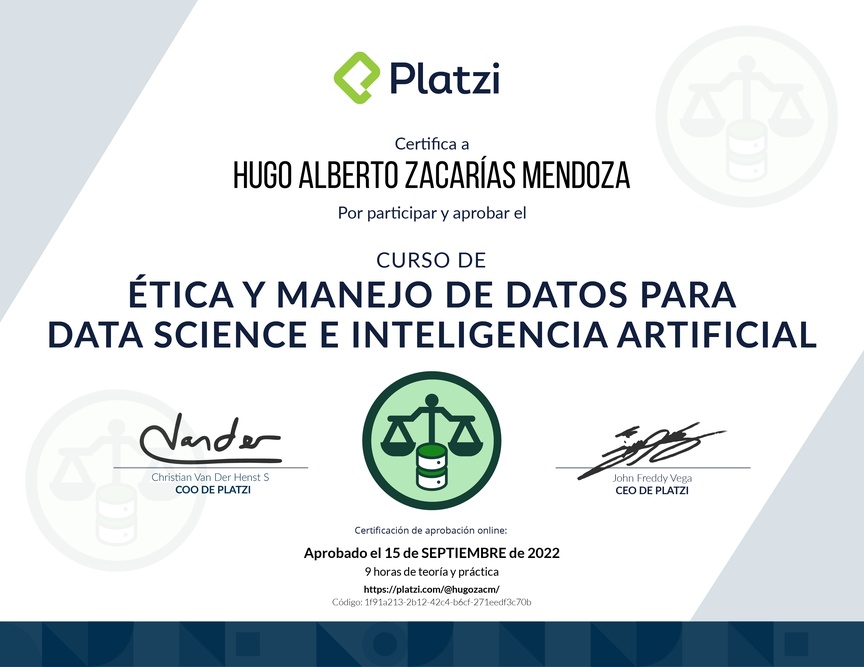 Diploma del Curso de Ética y Manejo de Datos para Data Science e Inteligencia Artificial
