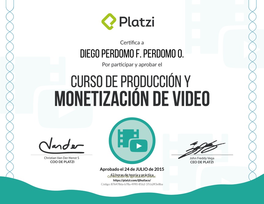Diploma del Curso de Producción y Monetización de Video 2016