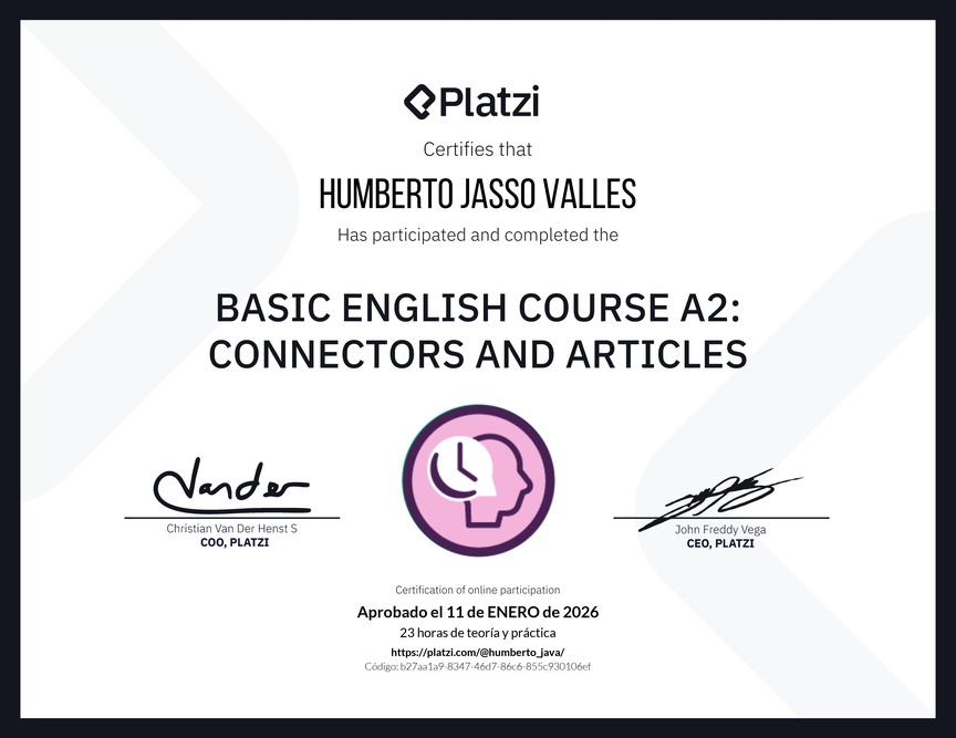Diploma del Curso de Inglés Básico A2: Conectores y Artículos