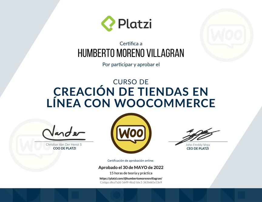 Diploma del Curso de Creación de Tiendas en Línea con WooCommerce