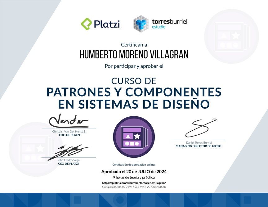 Diploma del Curso de Patrones y Componentes en Sistemas de Diseño